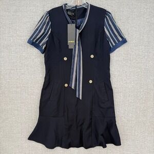 Lai Meng Five Cats Business Dress Sz M 8 Navy Blue Striped Tie Neck J-Fashion